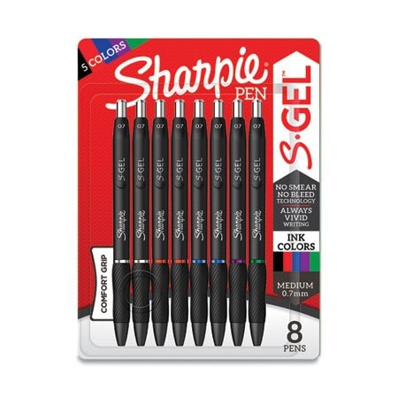 Sharpie S-GEL RETRACTABLE GEL PEN, MEDIUM 0.7 MM, ASSORTED INK, BLACK BARREL, 8PK 2126231
